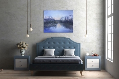 3d rendering of contemporary bedroom interior design with blue bed and concrete wall